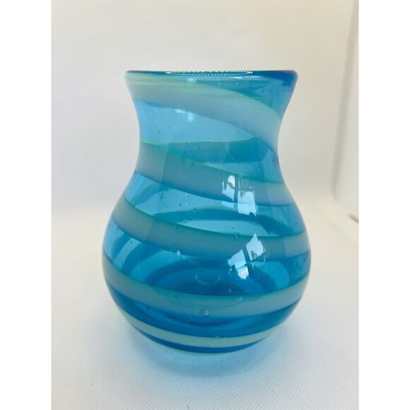 Hand Blown Art Glass Blue Swirls Decorative 5" Vase - Picture 7 of 9